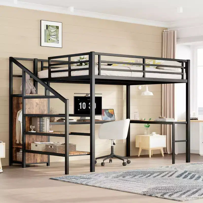  Queen Loft Bed with Desk & Wardrobe, Metal Frame, Storage Stairs, USB & LED Lights, Space-Saving Loft Bed, Wood Grain Finish