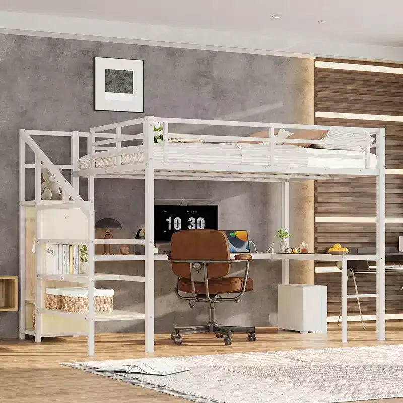 Queen-Hochbett mit Schreibtisch & Kleiderschrank, Metallrahmen, Stauraumtreppe, USB- & LED-Leuchten, platzsparendes Hochbett, Holzmaserung-Finish