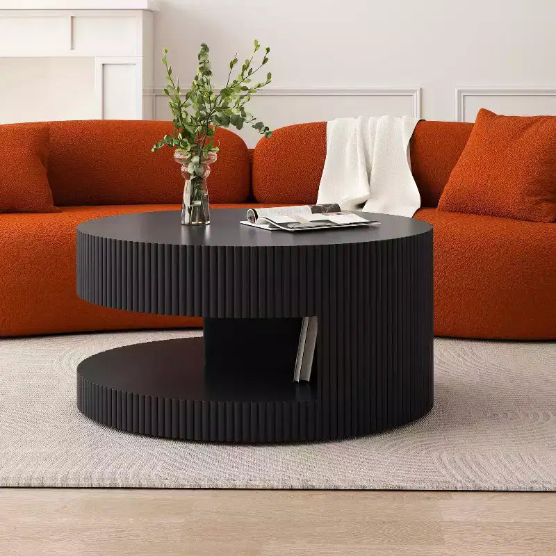  31.5 Round Coffee Table Modern Center Table with Storage Vertical Stripe Coffee Table for Living Room Black