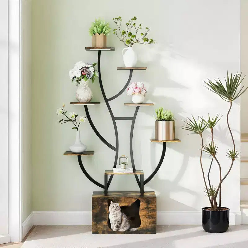 8-Tier Tall Bookshelf with LED Light Artistically Designed Tree Bookshelf with Cats Litter Box Unique Bookshelves Corner Display Shelf