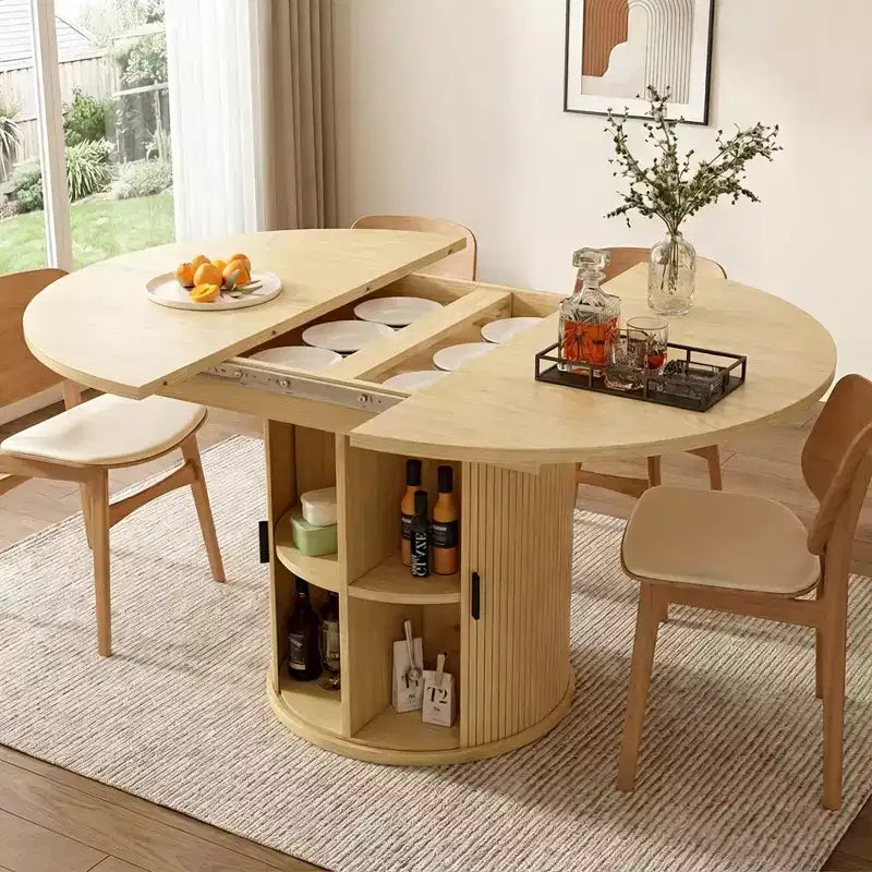  63 Extendable Round Dining Table with 2-Tier Storage Base, Oval-to-Round Expandable Kitchen Table for 46, Walnut