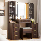 Mid-Century Modern Schminktisch aus Holz mit Hocker, beleuchtetem Spiegel, doppelter Glasvitrine, 10 Schubladen und Ladestation