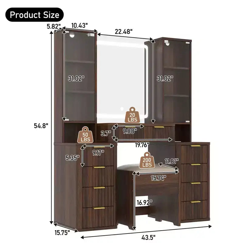 Mid-Century Modern Schminktisch aus Holz mit Hocker, beleuchtetem Spiegel, doppelter Glasvitrine, 10 Schubladen und Ladestation