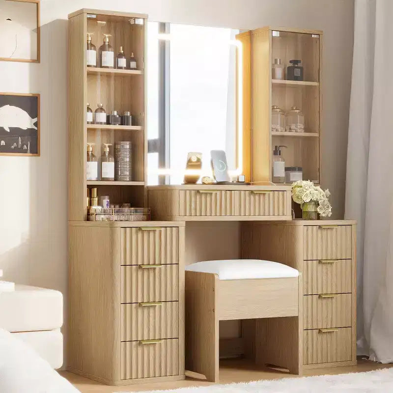 Mid-Century Modern Schminktisch aus Holz mit Hocker, beleuchtetem Spiegel, doppelter Glasvitrine, 10 Schubladen und Ladestation