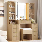 Mid-Century Modern Schminktisch aus Holz mit Hocker, beleuchtetem Spiegel, doppelter Glasvitrine, 10 Schubladen und Ladestation