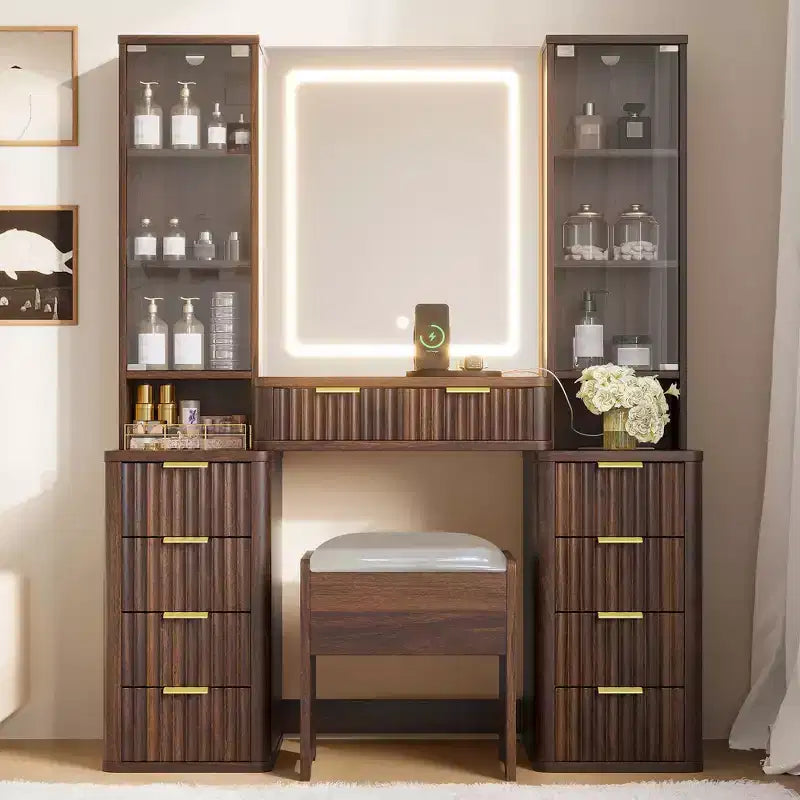  Ina Mid-Century Modern Wood Makeup Vanity Table with Stool, Lighted Mirror, Dual Glass Cabinet, 10 Drawers and Charging Station