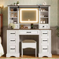  Darren Farmhouse Wood Makeup Vanity Desk Set with Storage Stool, Sliding Lighted Mirror, 9 Drawers and Charging Station