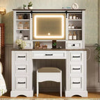  Darren Farmhouse Wood Makeup Vanity Desk Set with Storage Stool, Sliding Lighted Mirror, 9 Drawers and Charging Station