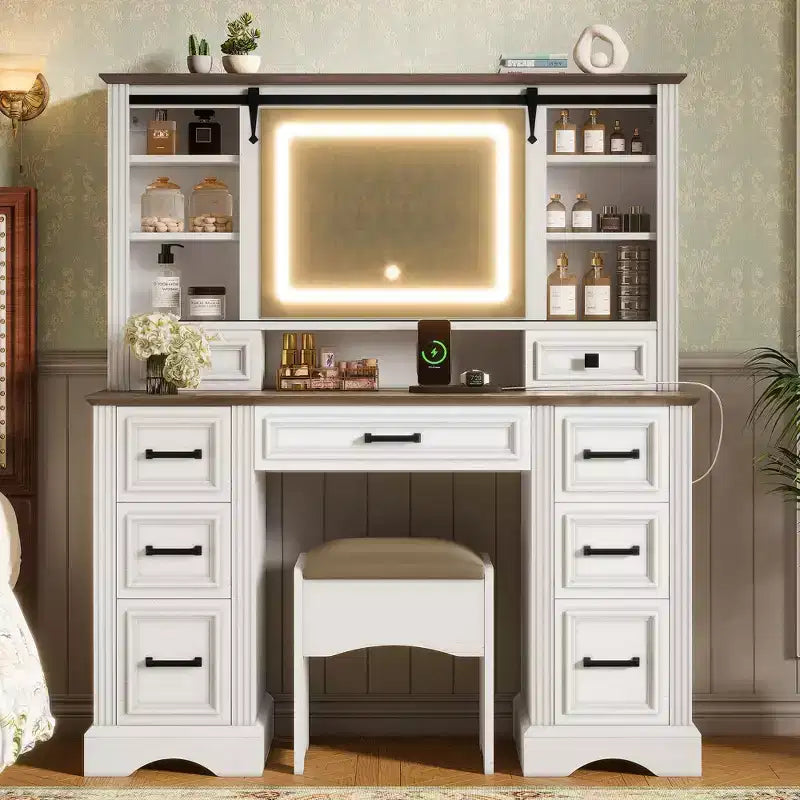  Darren Farmhouse Wood Makeup Vanity Desk Set with Storage Stool, Sliding Lighted Mirror, 9 Drawers and Charging Station