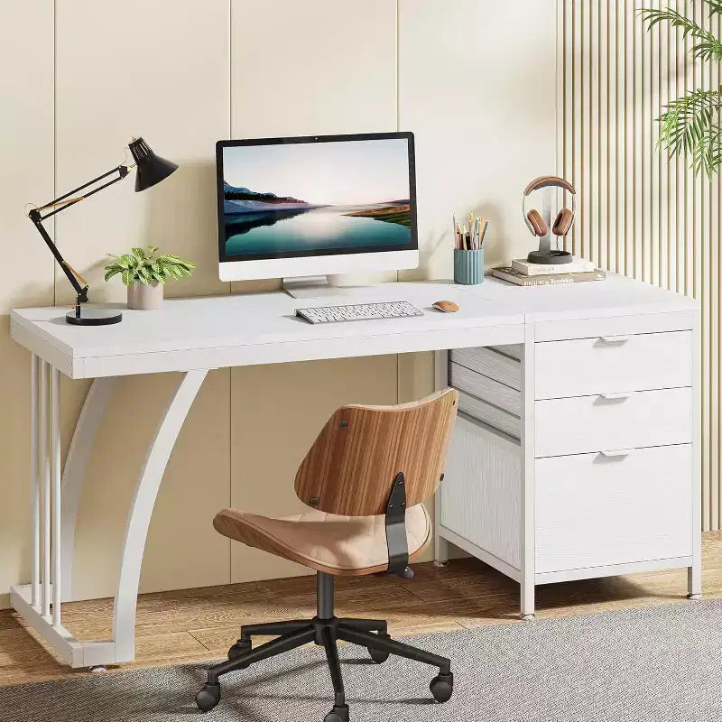  59-Inch Computer Desk with 3 Drawers, PC Desk with Reversible Drawers and File Storage for Home Office, Industrial White