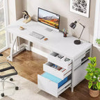 59-Zoll Computertisch mit 3 Schubladen, PC-Schreibtisch mit umkehrbaren Schubladen und Aktenaufbewahrung für das Home Office, Industrielles Weiß