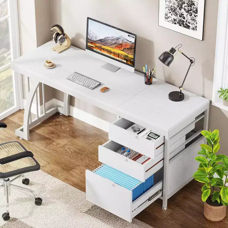59-Zoll Computertisch mit 3 Schubladen, PC-Schreibtisch mit umkehrbaren Schubladen und Aktenaufbewahrung für das Home Office, Industrielles Weiß