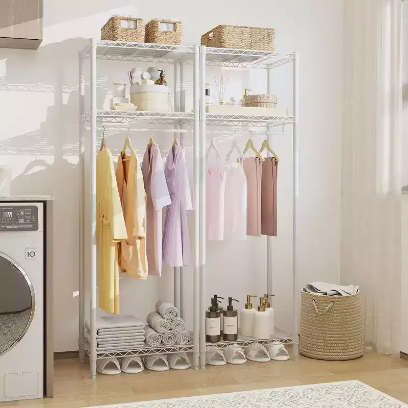 Clothes Rack With Adjustable Storage Shelves, Metal Clothing Rack for Hanging Clothes, for Bedroom, Laundry, Living Room, White