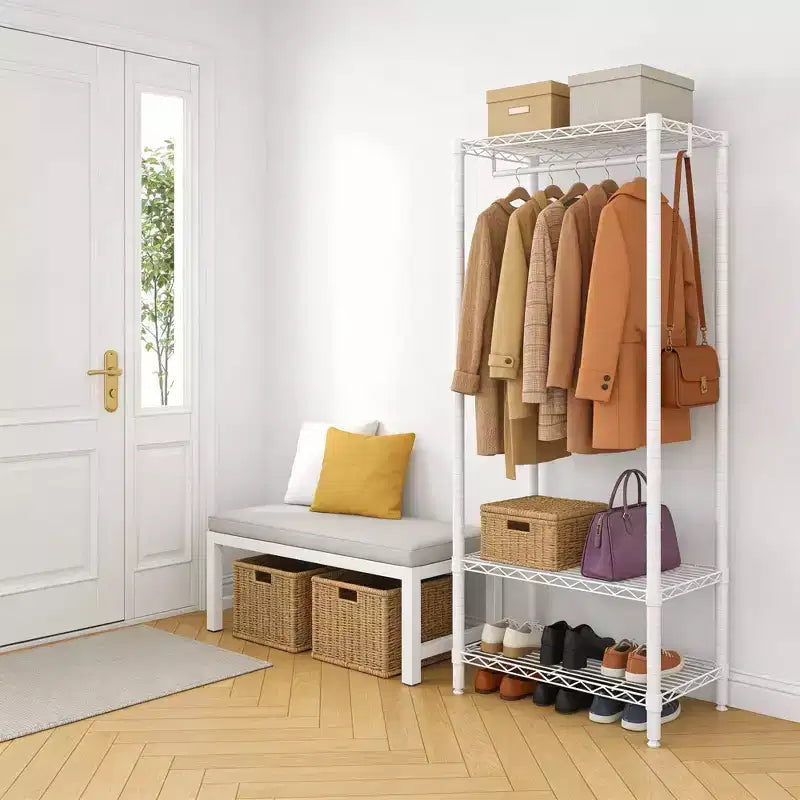 Kleiderständer mit verstellbaren Ablagen, Kleiderstange aus Metall zum Aufhängen von Kleidung, für Schlafzimmer, Waschküche, Wohnzimmer, Weiß