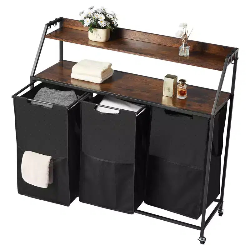 3 Section Rolling Laundry Sorter with Wood Top and Removable Hamper Bags 45 Gallon