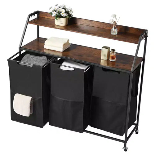 3 Section Rolling Laundry Sorter with Wood Top and Removable Hamper Bags 45 Gallon