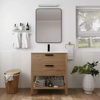 30" Einzelwaschtisch, 2 Schubladen, Keramikwaschbecken, offenes Regal, 4 Füße, Moderner, langlebiger Badezimmerschrank, 1 Imitations-Eiche, rechteckiges Holz
