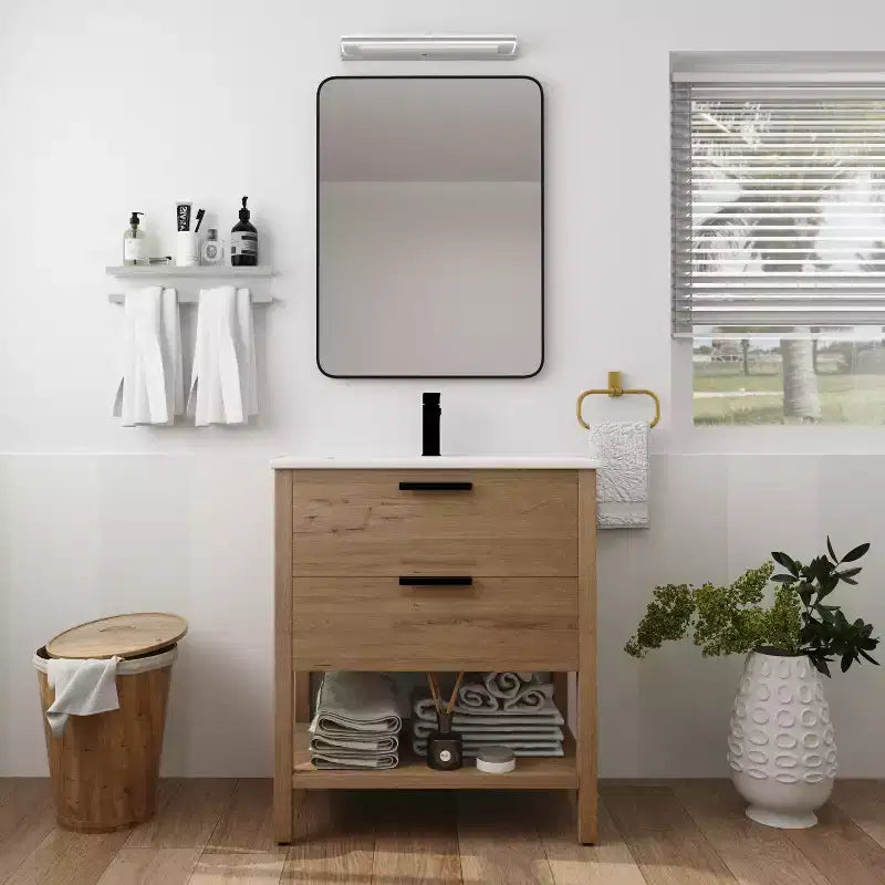 30" Einzelwaschtisch, 2 Schubladen, Keramikwaschbecken, offenes Regal, 4 Füße, Moderner, langlebiger Badezimmerschrank, 1 Imitations-Eiche, rechteckiges Holz