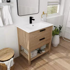 30" Einzelwaschtisch, 2 Schubladen, Keramikwaschbecken, offenes Regal, 4 Füße, Moderner, langlebiger Badezimmerschrank, 1 Imitations-Eiche, rechteckiges Holz