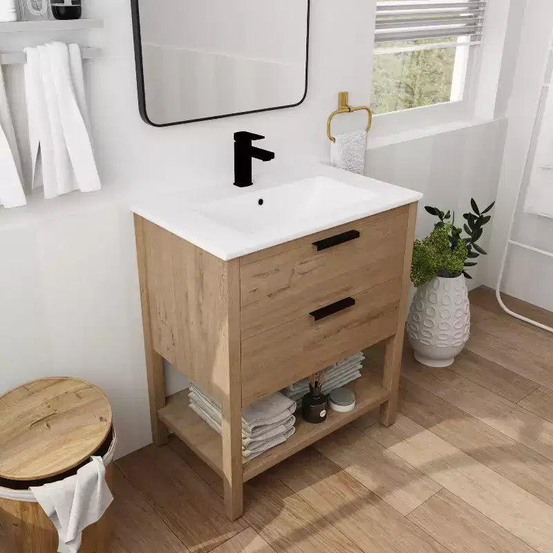 30" Einzelwaschtisch, 2 Schubladen, Keramikwaschbecken, offenes Regal, 4 Füße, Moderner, langlebiger Badezimmerschrank, 1 Imitations-Eiche, rechteckiges Holz