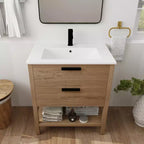 30" Einzelwaschtisch, 2 Schubladen, Keramikwaschbecken, offenes Regal, 4 Füße, Moderner, langlebiger Badezimmerschrank, 1 Imitations-Eiche, rechteckiges Holz