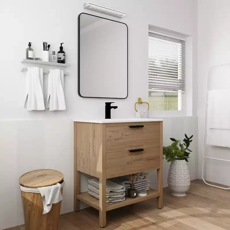 30" Einzelwaschtisch, 2 Schubladen, Keramikwaschbecken, offenes Regal, 4 Füße, Moderner, langlebiger Badezimmerschrank, 1 Imitations-Eiche, rechteckiges Holz
