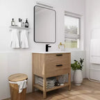 30" Einzelwaschtisch, 2 Schubladen, Keramikwaschbecken, offenes Regal, 4 Füße, Moderner, langlebiger Badezimmerschrank, 1 Imitations-Eiche, rechteckiges Holz