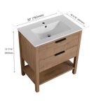 30" Einzelwaschtisch, 2 Schubladen, Keramikwaschbecken, offenes Regal, 4 Füße, Moderner, langlebiger Badezimmerschrank, 1 Imitations-Eiche, rechteckiges Holz