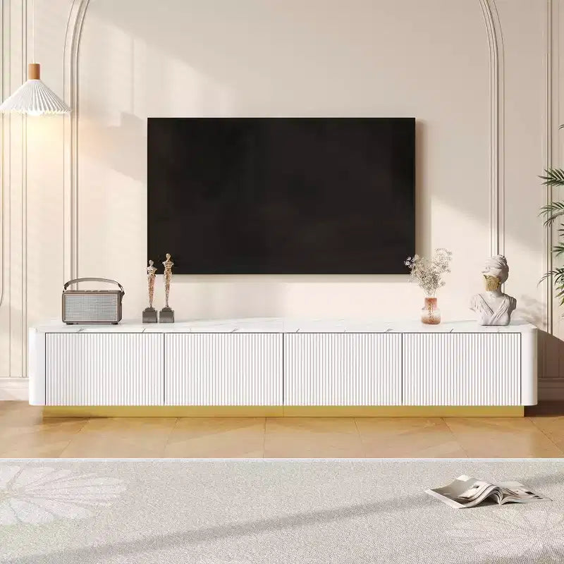  White Luxury Fluted TV Stand, Faux Marble Media Console with Gold Base for 85 TVs