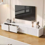 Weißer Luxus-TV-Ständer mit Rillen, Medienkonsole aus Kunstmarmor mit goldenem Sockel für 85-Zoll-Fernseher