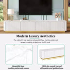 Weißer Luxus-TV-Ständer mit Rillen, Medienkonsole aus Kunstmarmor mit goldenem Sockel für 85-Zoll-Fernseher