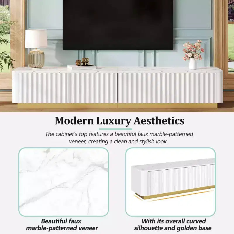 Weißer Luxus-TV-Ständer mit Rillen, Medienkonsole aus Kunstmarmor mit goldenem Sockel für 85-Zoll-Fernseher