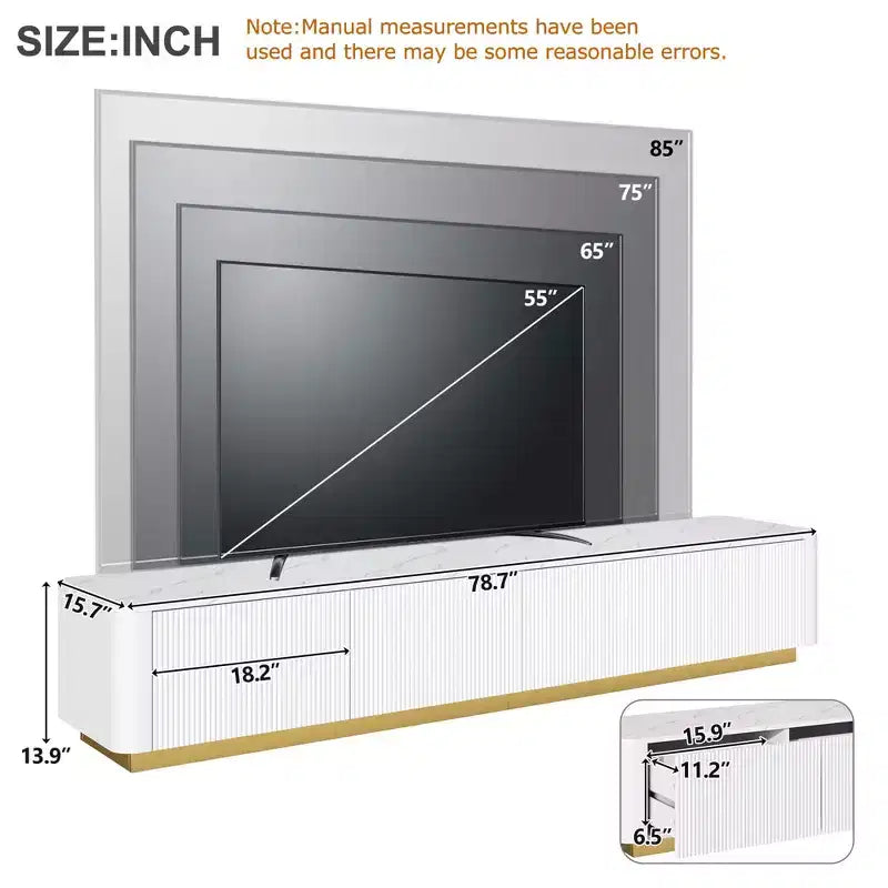 Weißer Luxus-TV-Ständer mit Rillen, Medienkonsole aus Kunstmarmor mit goldenem Sockel für 85-Zoll-Fernseher