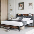 Bed Frame,Upholstered Headboard with Storage and Charging Station, Tufted Design, Steel Slats Support, No Box Spring Needed, Easy Assembly