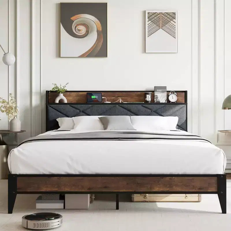 Bettrahmen, Polsterkopfteil mit Stauraum und Ladestation, getuftetes Design, Stahlrahmen-Stütze, kein Boxspringbett erforderlich, einfache Montage