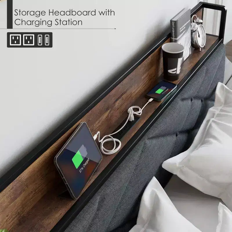 Bettrahmen, Polsterkopfteil mit Stauraum und Ladestation, getuftetes Design, Stahlrahmen-Stütze, kein Boxspringbett erforderlich, einfache Montage