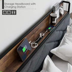 Bettrahmen, Polsterkopfteil mit Stauraum und Ladestation, getuftetes Design, Stahlrahmen-Stütze, kein Boxspringbett erforderlich, einfache Montage