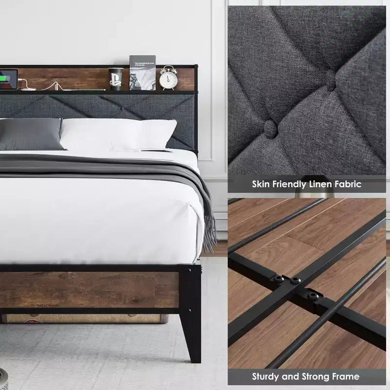 Bettrahmen, Polsterkopfteil mit Stauraum und Ladestation, getuftetes Design, Stahlrahmen-Stütze, kein Boxspringbett erforderlich, einfache Montage