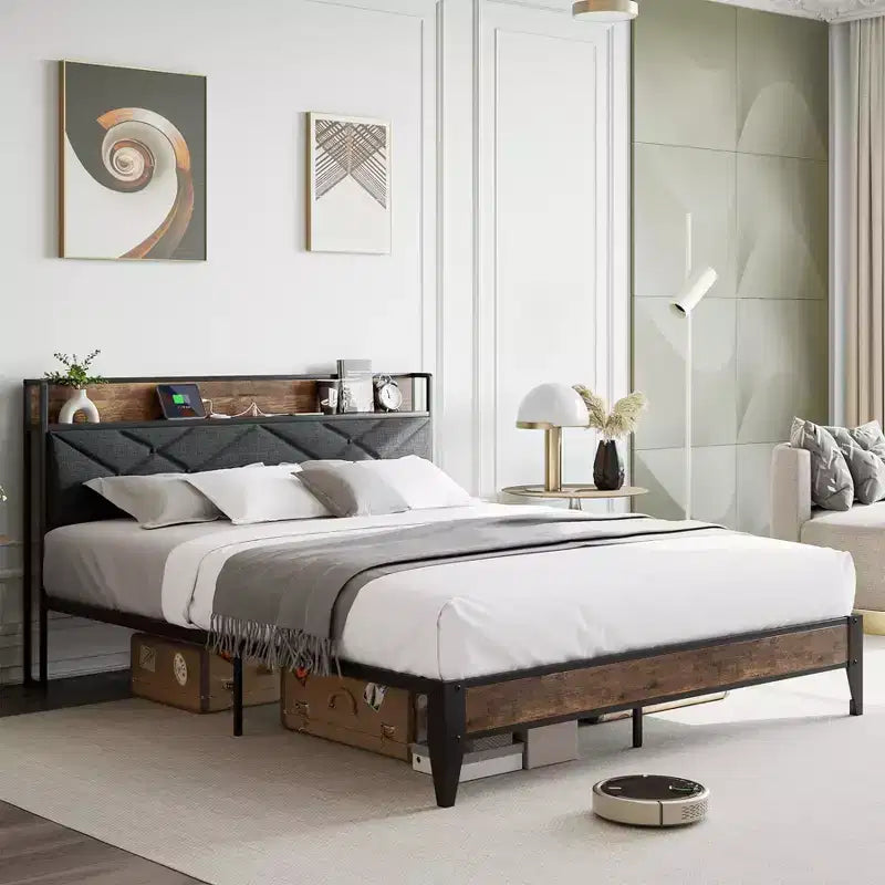 Bettrahmen, Polsterkopfteil mit Stauraum und Ladestation, getuftetes Design, Stahlrahmen-Stütze, kein Boxspringbett erforderlich, einfache Montage