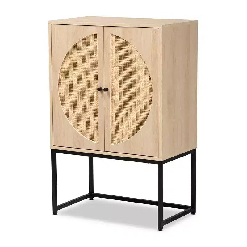  Bohemian Wood and Metal 2 Door Storage Cabinet with Rattan Light Brown/Black - : Fixed Shelves, Boho Style
