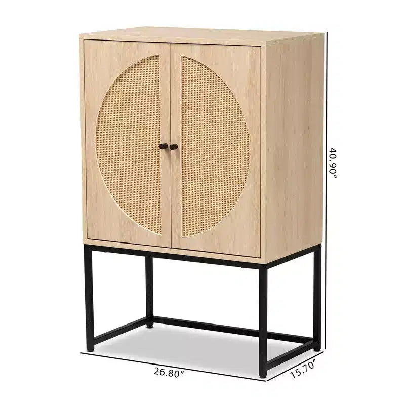 Böhmischer 2-Türiger Aufbewahrungsschrank mit Rattan-Akzenten, Holz- und Metallrahmen, festen Regalböden – Hellbraun/Schwarz