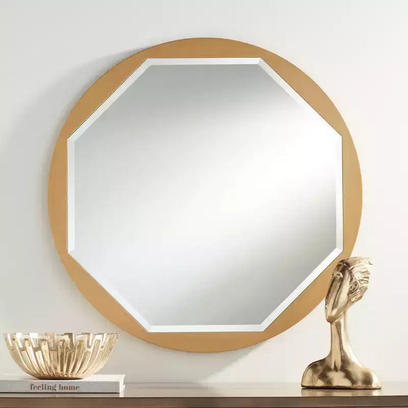 32" Runder Wandspiegel mit gebürstetem Goldrahmen, facettiertem achteckigem Glas, für Bad, Schlafzimmer & Wohnzimmer